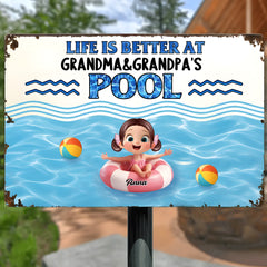 Life is Better at Grandma & Grandpa Pool Personalized Metal Sign, Grandchildren Welcome Sign